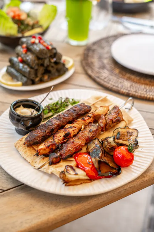 Assortiment de brochettes grillées sur pain libanais, poulet, kafta et légumes grillés