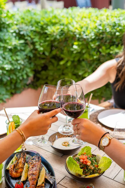 Deux verres de vin rouge levés au-dessus des mezzés